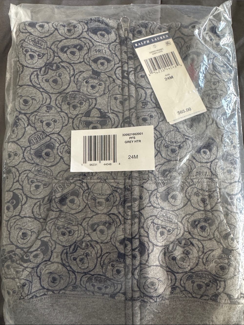 Ralph Lauren Grey Heather Bear Print Zip Hoodie
